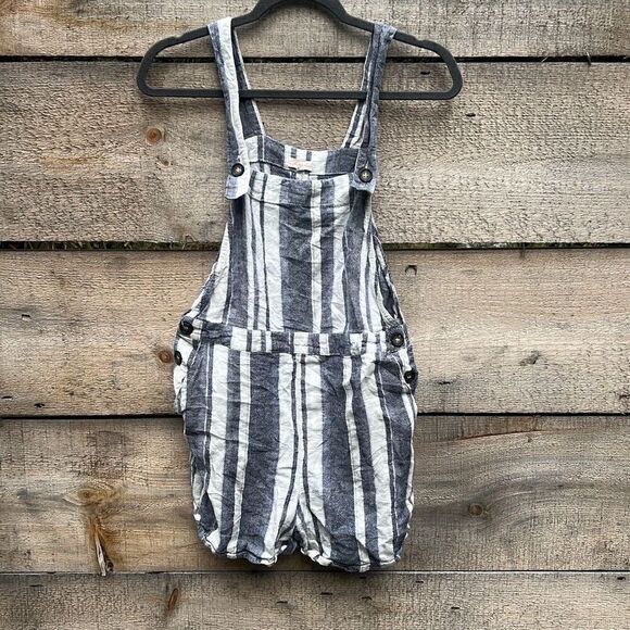April Kiss Pants - April Kiss Women's Blue And White Linen Blend Striped Romper Overalls